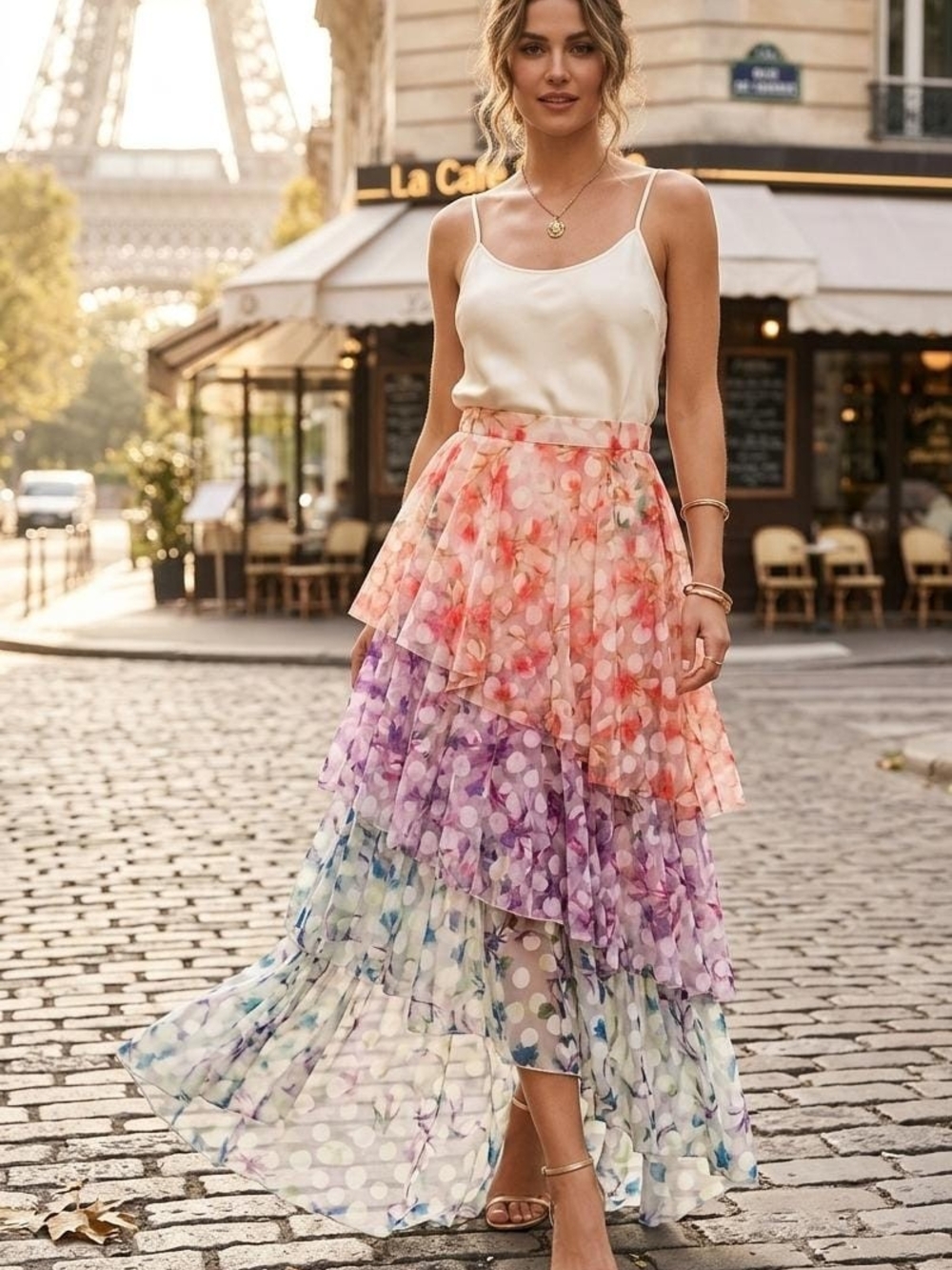 Gracia Pastel Rainbow Tiered High-Low Dot & Floral Skirt • Size S